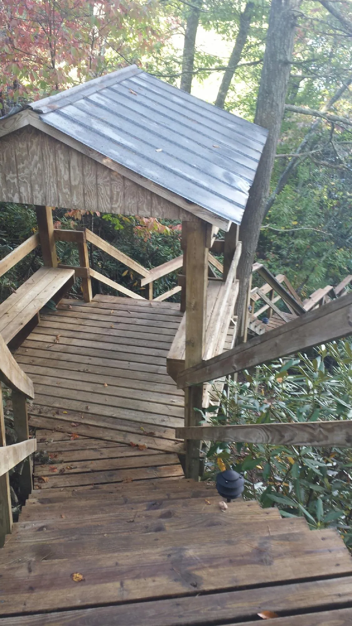 Metal roofed shelter over wooden steps on a wooded walkway — Skylight Repair & Installation work by our crew in Connelly Springs